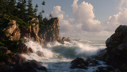 Ocean waves crashing against rugged cliffs on a remote island