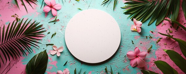 White blank circle surrounded by tropical leaves and flowers