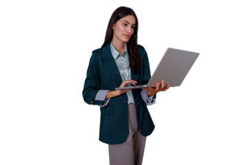 Businesswoman standing and working on laptop, managing workload with technology, transparent background