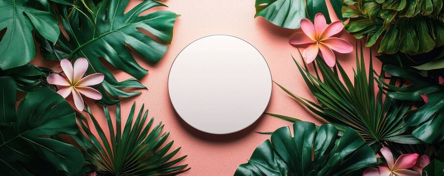White circle on pink and green botanical background with tropical leaves