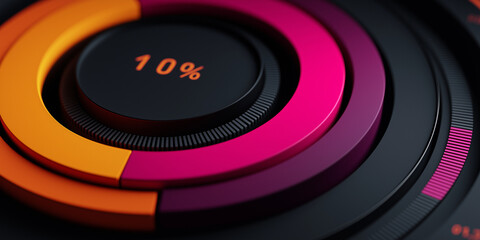 Close-up of colorful 3D circular progress bar showing 10 percent with glowing orange and magenta segments on dark background.
