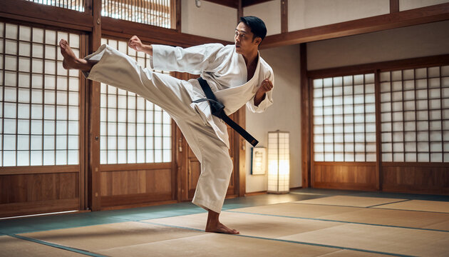 Karate Master Practicing High Kick Indoors