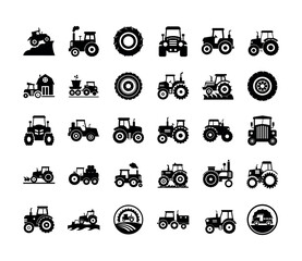 Set of black silhouette farm tractor and agriculture vector icons