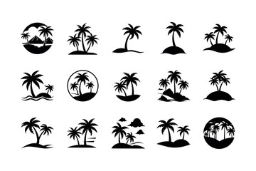 Palm tree island silhouettes set: tropical beach oasis, summer vacation paradise icon collection