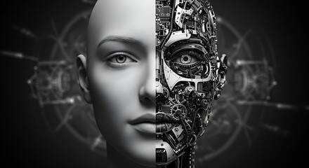 Composite image, human face meets intricate robotic components, grayscale