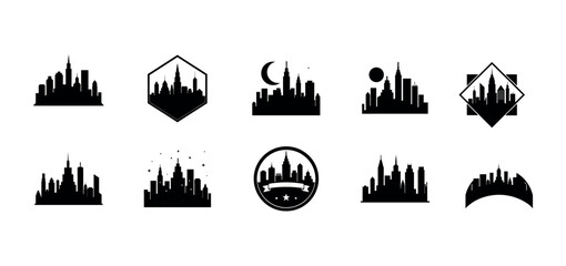 Modern city skyline silhouettes and cityscape emblem logo set
