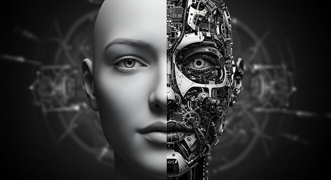 Composite image, human face meets intricate robotic components, grayscale
