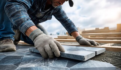 Skilled craftsman carefully laying stone tiles with precision on a sunny construction site, showcasing meticulous detail and dedication to quality workmanship