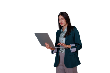 Businesswoman standing and typing on a laptop, focused on work, managing tasks, and utilizing technology. Transparent background
