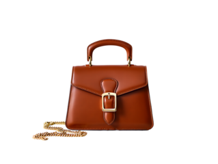 Elegant brown leather handbag with gold buckle isolated on transparent background