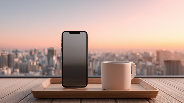 Smartphone and coffee cup on wooden tray with city skyline blurred in warm sunrise light.
 - Powered by Adobe