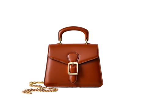 Elegant brown leather handbag with gold buckle isolated on transparent background