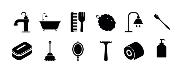 Bathroom and hygiene essentials icon set, modern domestic items