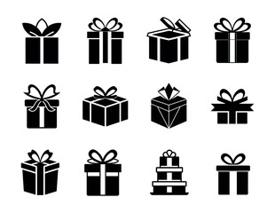 Set of various gift box silhouette icons with bows and ribbons