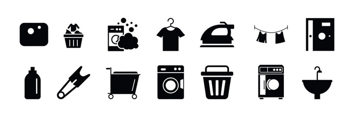 Laundry and home cleaning process glyph icons black vector set