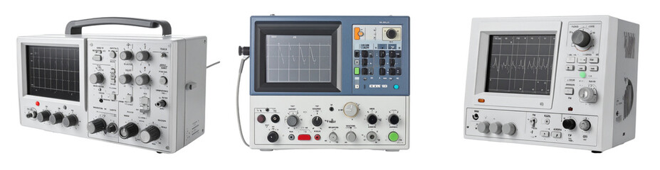 Detailed View of Three Oscilloscopes with Various Display Screens and Control Knobs on Transparent Background