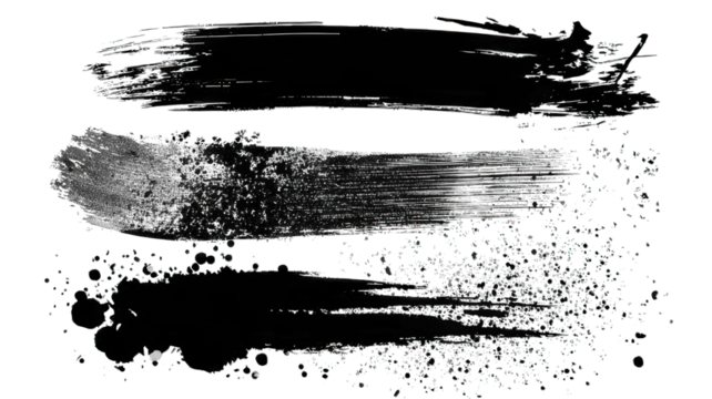 Abstract brush strokes in varying textures and patterns, showcasing artistic elements with a mix of splatters and smooth lines.