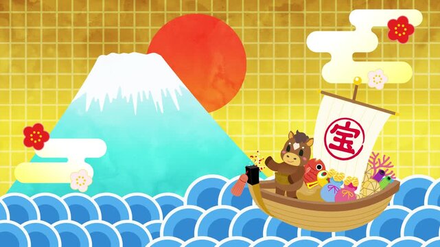 宝船と干支の午と富士山と金色背景の正月のアニメーション　ループ

