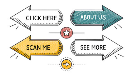 illustration: click here, about us, scan me and see more arrows and advertising badges, hand-drawn doodle style arrow set isolated on white or transparent png 
