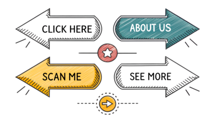 illustration: click here, about us, scan me and see more arrows and advertising badges, hand-drawn doodle style arrow set isolated on white or transparent png 
