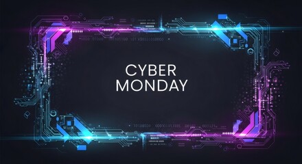 Cyber Monday text on a futuristic circuit board frame. Digital sale event banner for online shopping promotion and technology themed advertisement.
