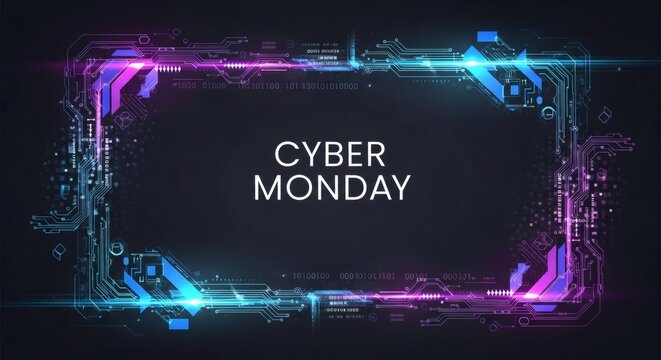 Cyber Monday text on a futuristic circuit board frame. Digital sale event banner for online shopping promotion and technology themed advertisement.