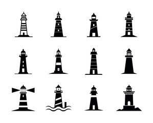 Collection of diverse lighthouse icons, flat black silhouette symbols for maritime navigation and safety