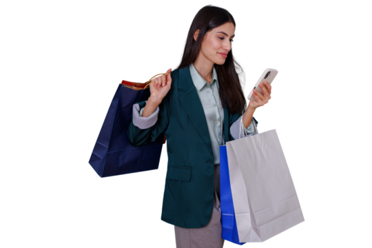 Woman buying online using smartphone and holding shopping bags, making mobile payment, transparent background