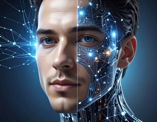 Composite image merging human face with futuristic tech, glowing lines, blue