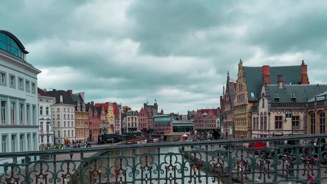 Medieval architecture on the autumn streets of the historic center of Ghent, Flanders, Belgium, October 22, 2025. High quality 4k footage