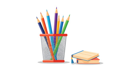 Fototapeta premium A vibrant collection of colored pencils in a mesh holder is arranged beside a small stack of educational books, set against a clean white backdrop.