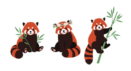 Obraz premium Cute cartoon red pandas with bamboo and a flower crown, sitting and climbing, on a white background, perfect for children's designs.