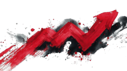 A bold red upward arrow made of brush strokes, symbolizing growth and progress in a dynamic and artistic manner.