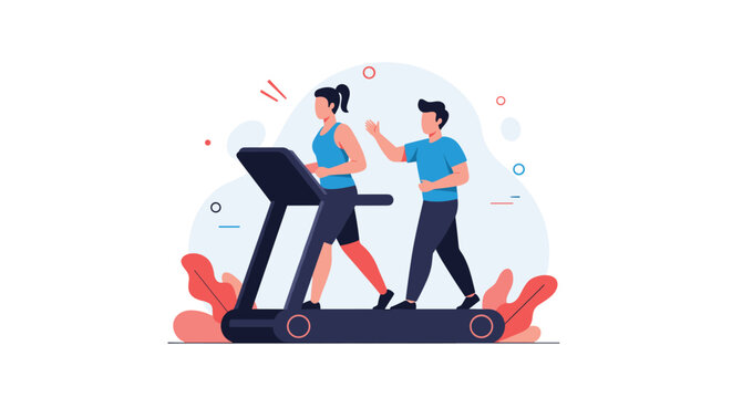 A female athlete runs on a treadmill while a male personal trainer coaches and motivates her during an indoor fitness workout.