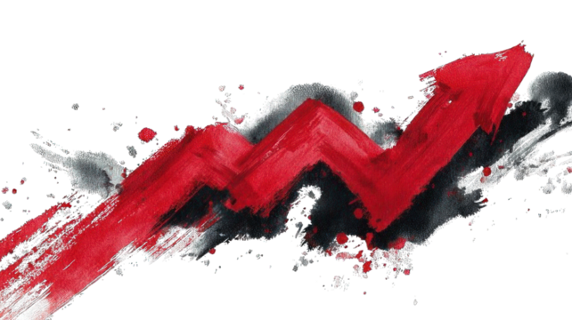 A bold red upward arrow made of brush strokes, symbolizing growth and progress in a dynamic and artistic manner.