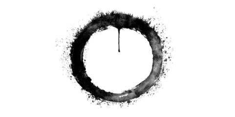 A circular splash of water, forming a detailed ring shape with droplets cascading and a single drip hanging at the bottom.