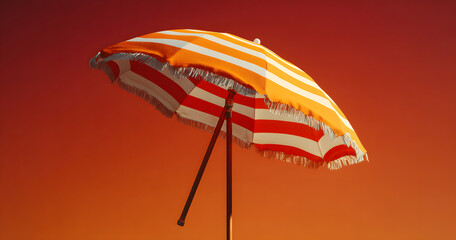 Beach umbrella slanting against abstract red background, with orange white panels and brown pole