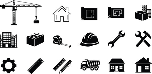 Construction icons set, architecture tools, blueprint symbols, engineering equipment, building design elements, construction helmet, crane, truck, ruler, gear, hammer ©  jahanara