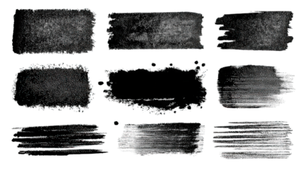 A series of textured black brush strokes arranged in a grid pattern, showcasing different styles and thicknesses.