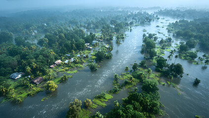 Bird's-eye perspective of extensive flooding caused by swollen river levels from heavy rainfall and climate effects in a tropical region.