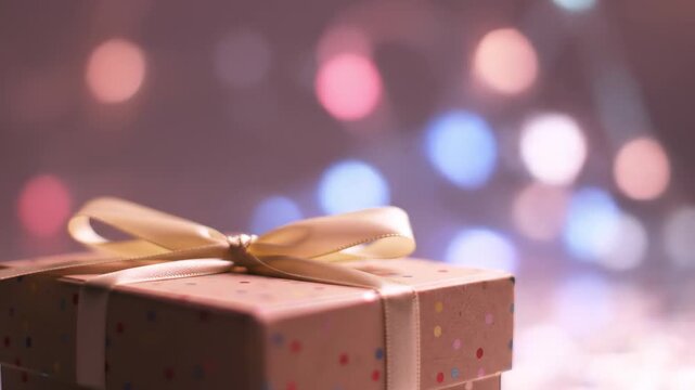 Dotted gift box tied with gold ribbon, bokeh background