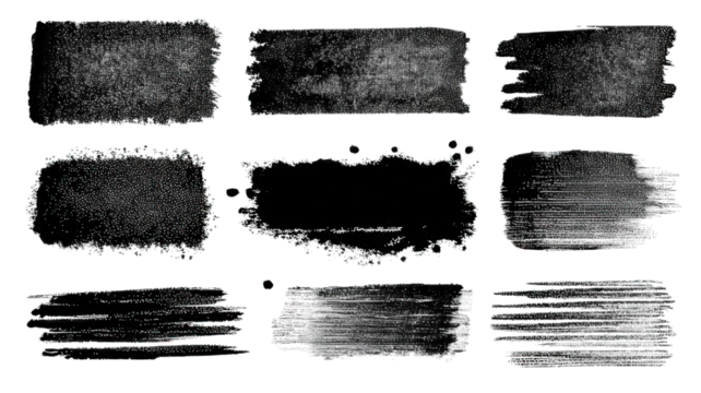 A series of textured black brush strokes arranged in a grid pattern, showcasing different styles and thicknesses.