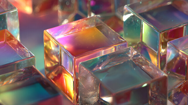 Abstract iridescent glass blocks on a black background, 3d render