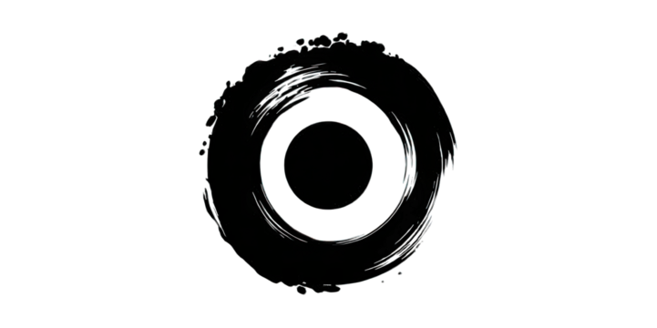 A circular design featuring bold, textured lines creating a layered effect, resembling an artistic representation or symbol.