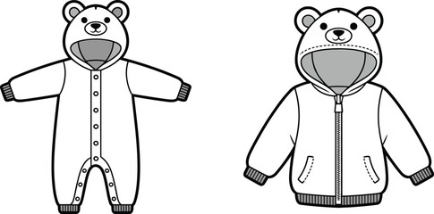 Cad drawing flat vector illustration, bear-themed baby onesie and jacket sketch, infant apparel template, cute clothing