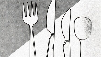 Minimalist Line Art Illustration of Cutlery Set on Abstract Background.