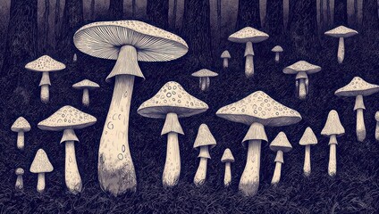 Mysterious Forest Floor with Various Wild Mushrooms in a Dark, Ethereal Setting.