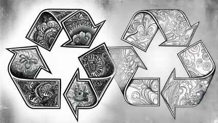 Intricate Black and White Recycle Symbols with Detailed Patterns.
