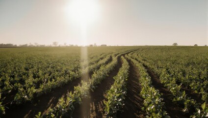 Lush Green Agricultural Field with Rows of Crops Under a Bright Sun.