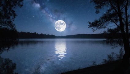 Nighttime Serenity - Moonlit Lake Reflecting Celestial Beauty.